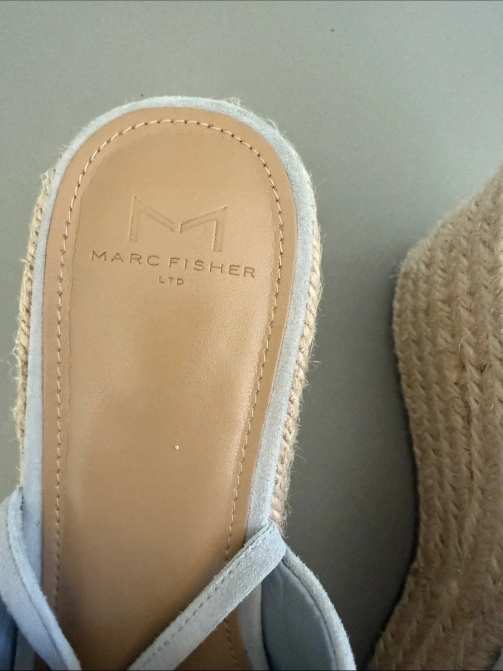Marc Fisher Beige Suede Espadrille Slide Wedge with Ankle Wrap